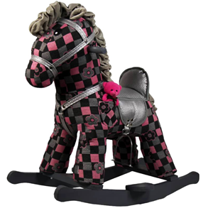 راکر اسب کودک چوبی شطرنجی گل دار خاکستری -اسباب بازی